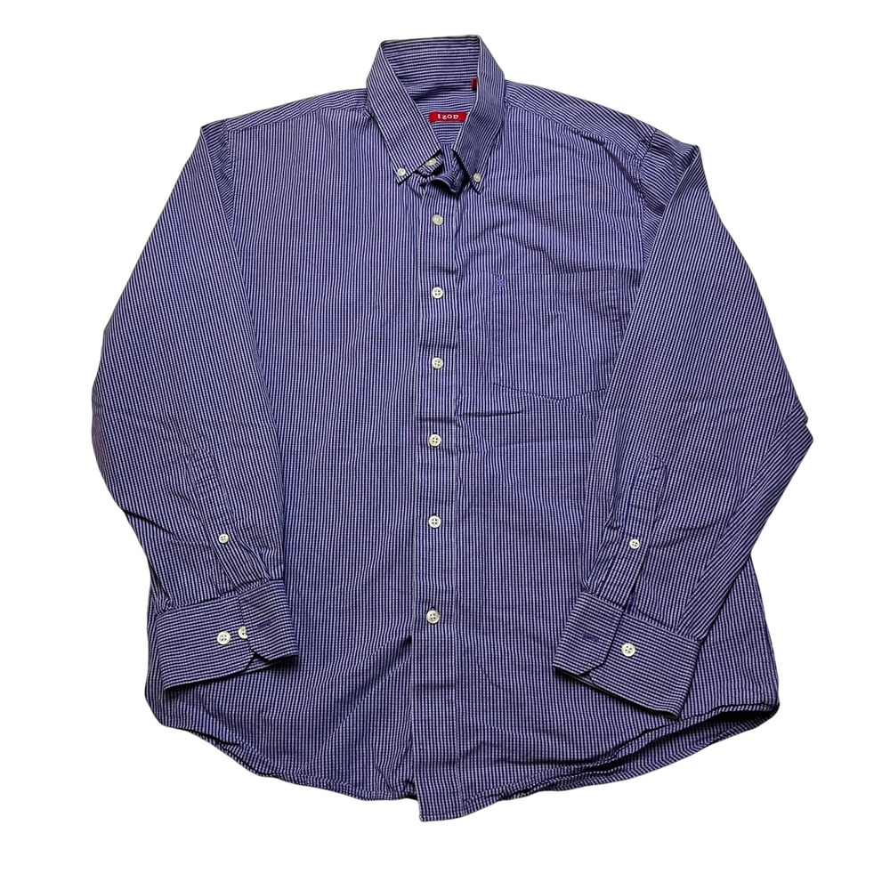 IZOD Button Down Shirt Mens Medium Blue Micro Check Long Sleeve Pocket Casual‎
